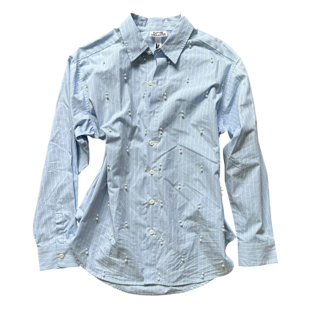 Future Collective Blue Pearl Embellished Button Down Shirt S